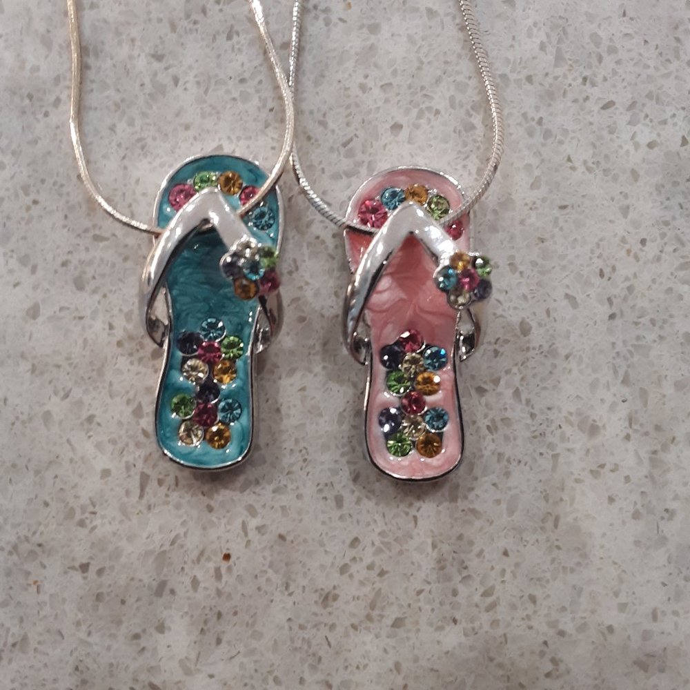 Flip Flop Charm Necklace Pair Pink Blue 16"